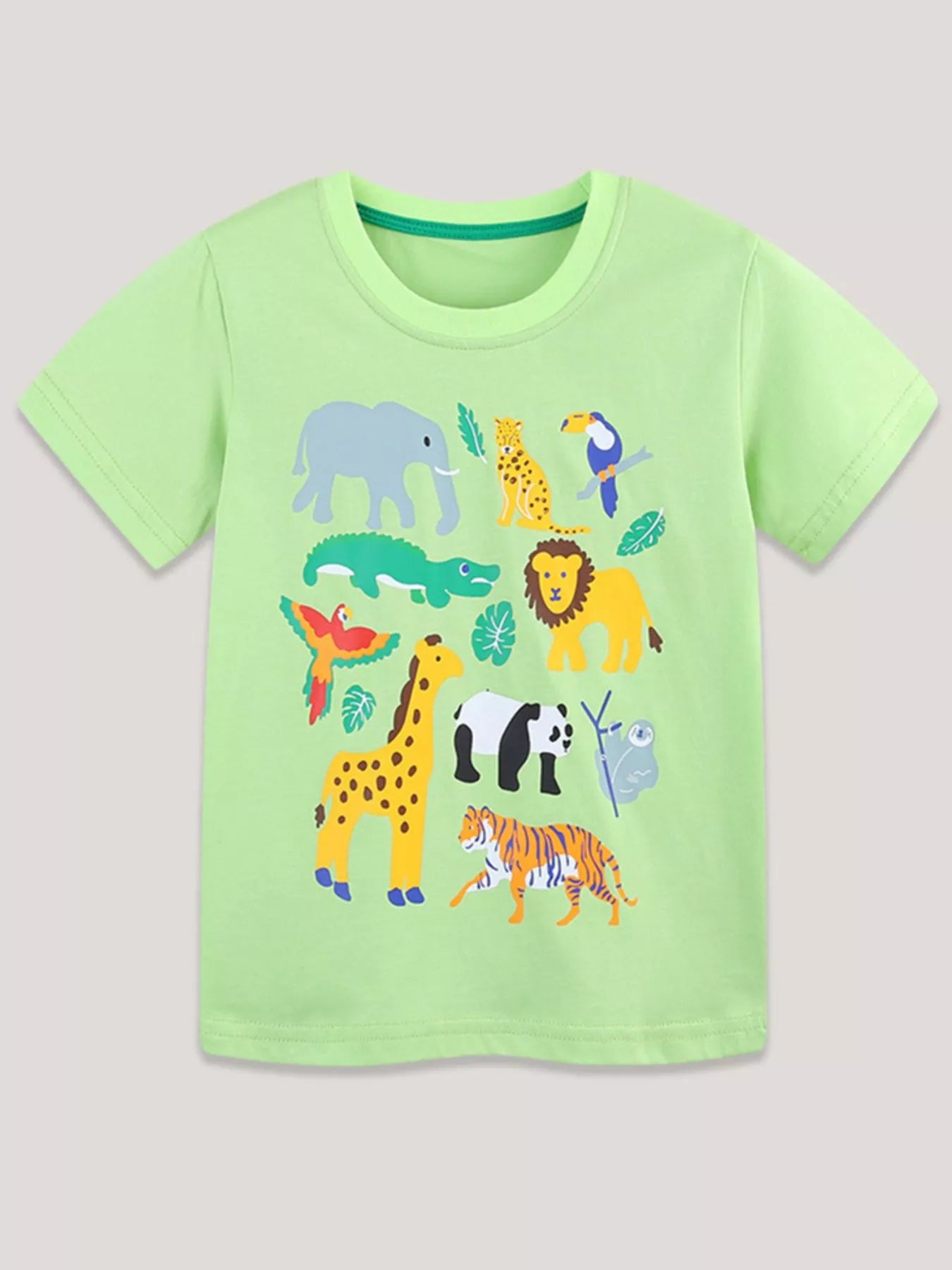 Children's neon green round-neck T-shirt featuring an animal print.