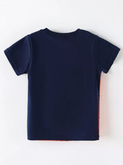 Back view of the plain dark blue children's short sleeve T-shirt laid flat on white
