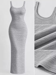 Grey sleeveless bodycon maxi dress with close ups of neckline fabric texture and hem