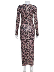 Leopard print long sleeve bodycon midi dress shown full length from the back on a mannequin