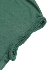 Close-up detail of the green cap sleeve T-shirt’s rolled sleeve edge and decorative stitching