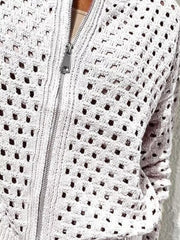 Close up of the white crochet cardigan zip and openwork knit texture