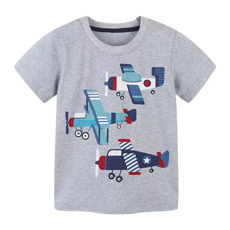 Front view of light gray children's t-shirt with three cartoon airplanes, slightly angled