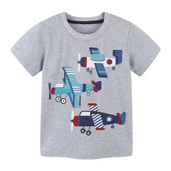 Front view of light gray children's t-shirt with three cartoon airplanes, slightly angled
