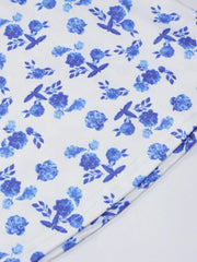Close up of blue floral print fabric and stitched hem of bodycon maxi dress