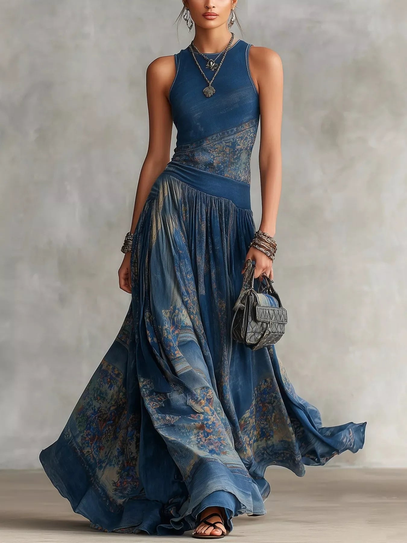 Dusty blue printed sleeveless maxi dress with round neck and flowing patterned skirt worn standing