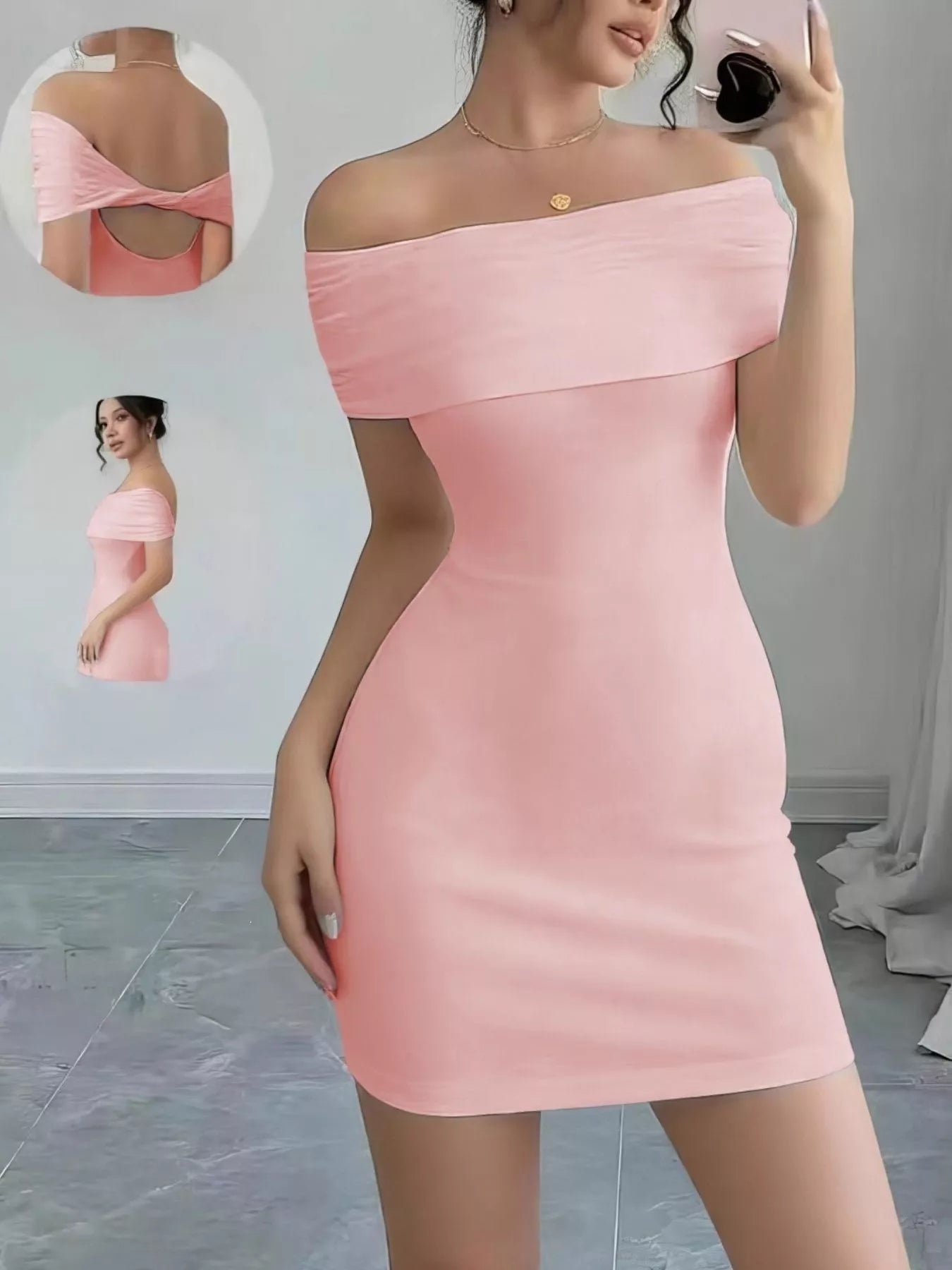Pink off shoulder bodycon mini dress in front mirror selfie view with insets