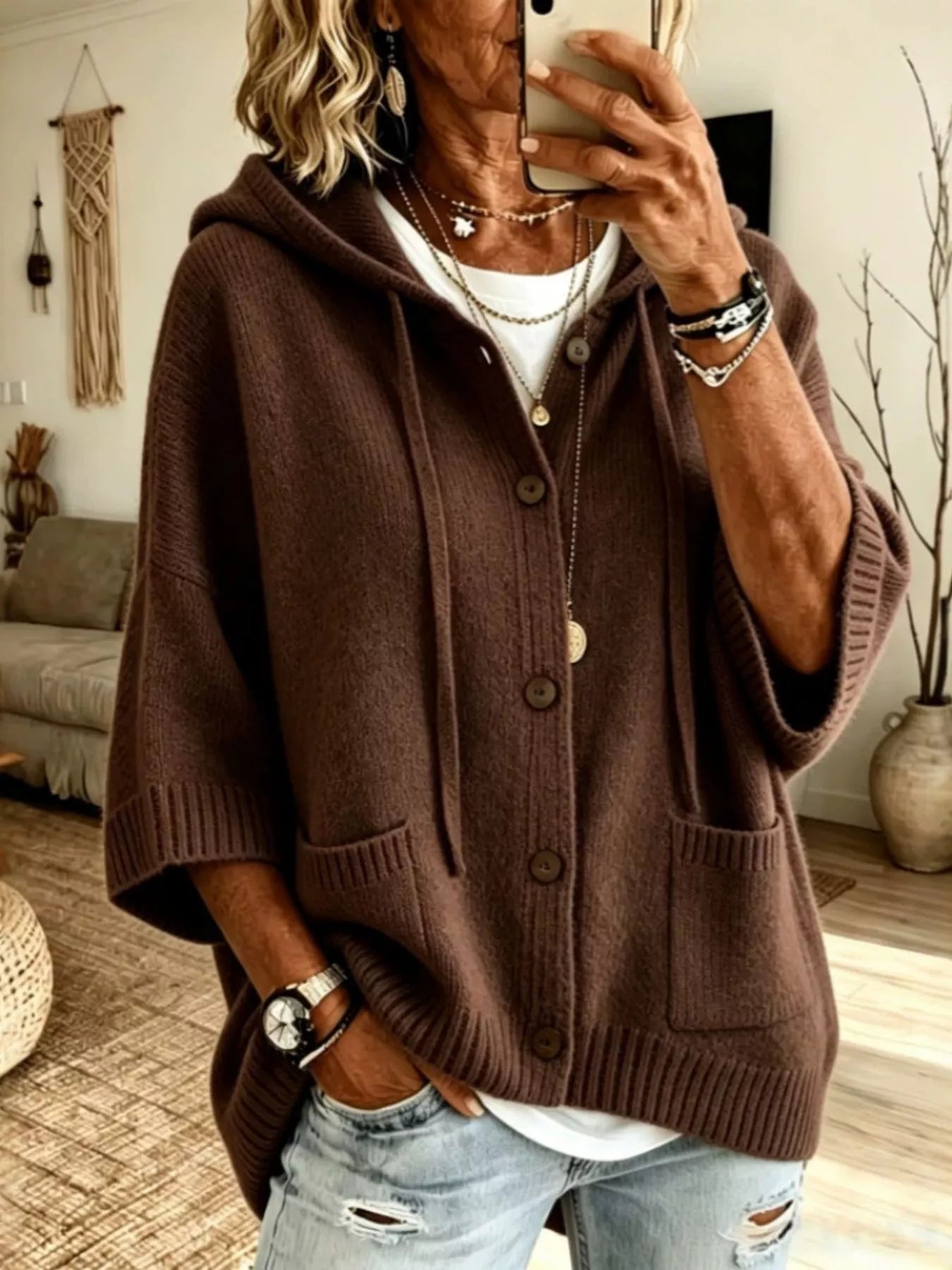 Dark Brown hooded knit cardigan with brown buttons and patch pockets shown from the front on model