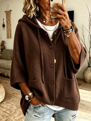 Dark Brown hooded knit cardigan with brown buttons and patch pockets shown from the front on model