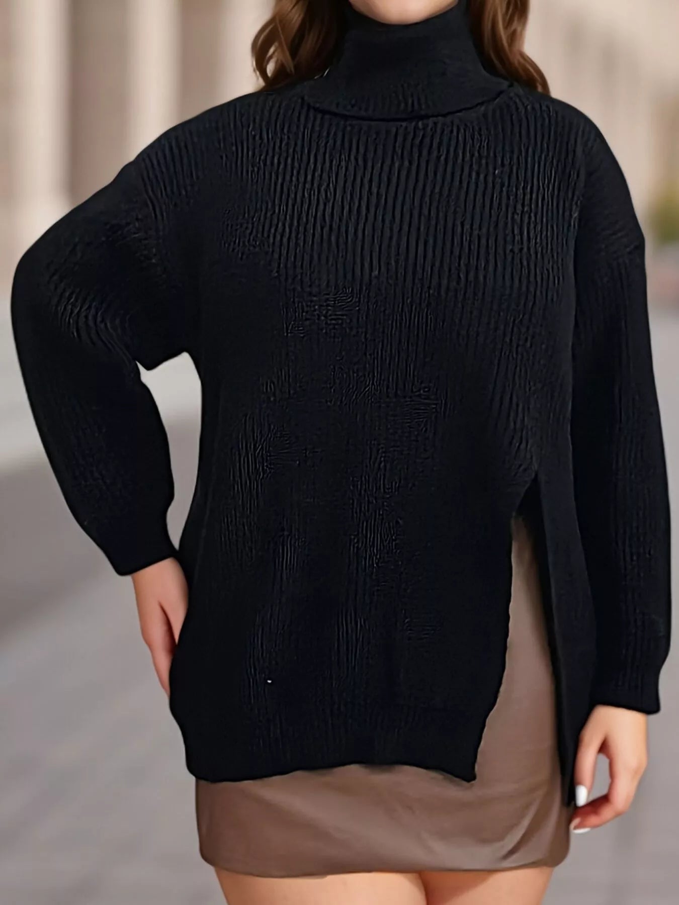 Black plus size ribbed turtleneck sweater with long sleeves