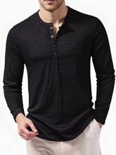 Men's long-sleeve Henley T-shirt with button detailing at the neckline.