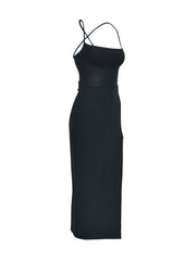 Black halter neck bodycon dress with high slit displayed flat in a side angle