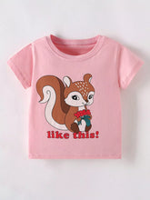 Blush pink children's short sleeve t-shirt with squirrel holding red flowers, front flat view