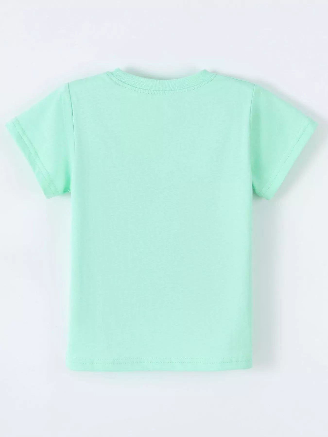 Back view of the plain green children's short sleeve T-shirt laid flat on white