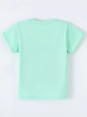 Back view of the plain green children's short sleeve T-shirt laid flat on white