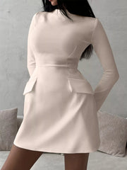 Back three quarter view of a Dust Storm mock neck long sleeve bodycon dress