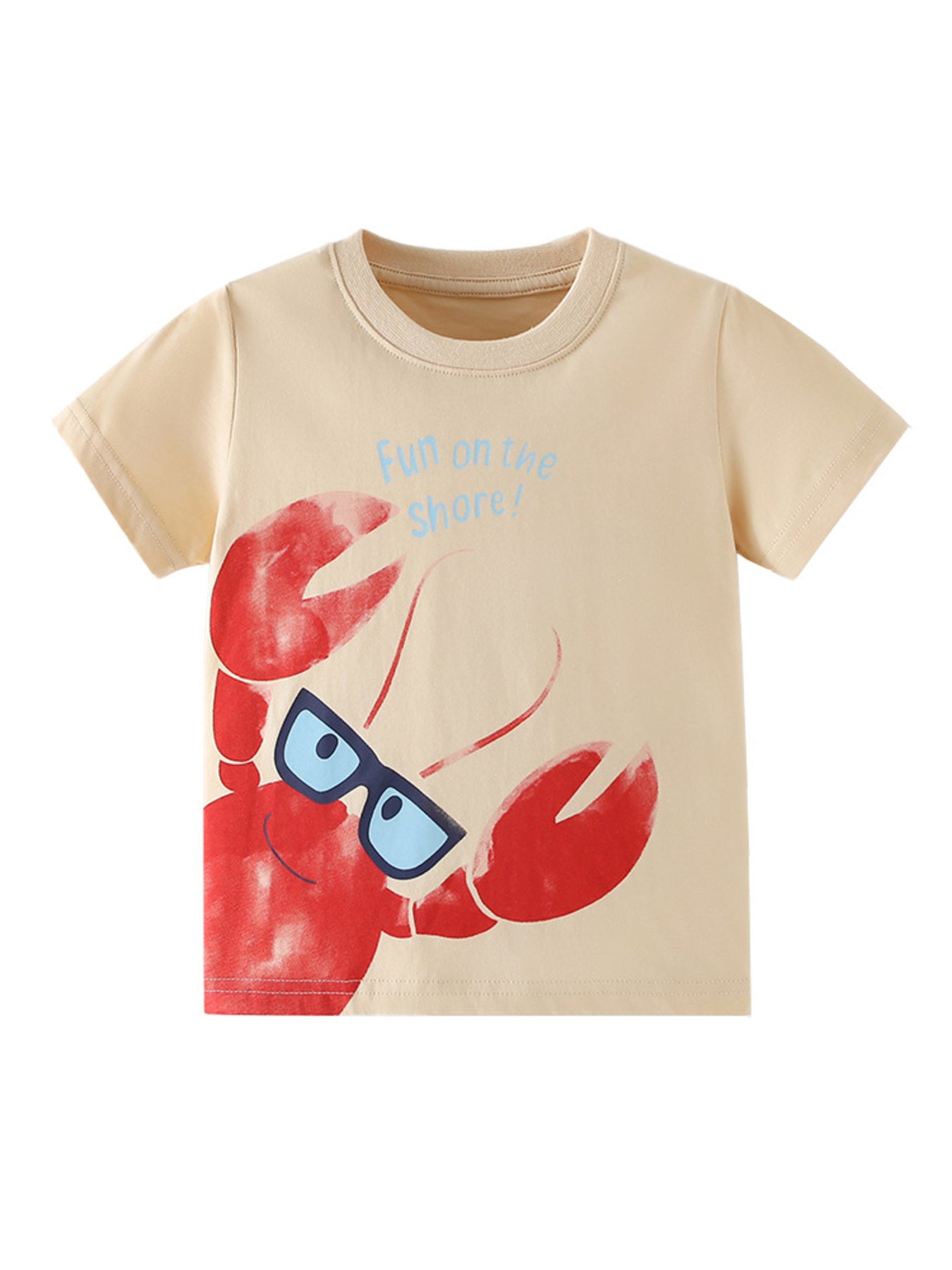 Flat lay front view of children's apricot tee with red lobster graphic and blue lettering