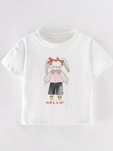 White children's short sleeve t-shirt with bunny in pink floral top and black pants, front flat view