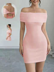 Pink off shoulder bodycon mini dress in full front standing view