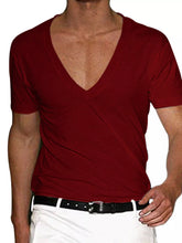 Men's deep V-neck T-shirt made from a slightly stretchy cotton blend.