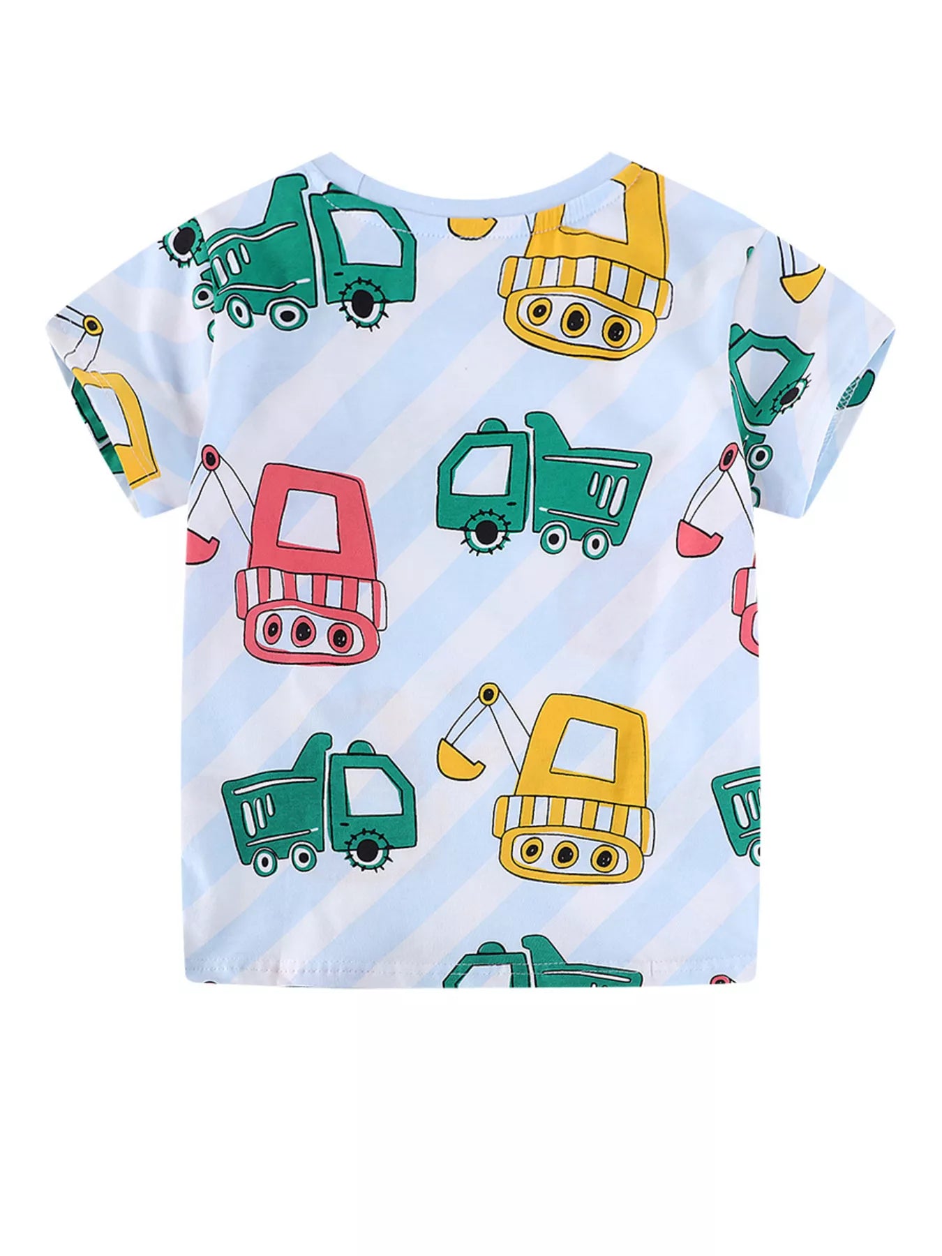 Back view of a light blue striped children's T-shirt with an all-over construction vehicle print