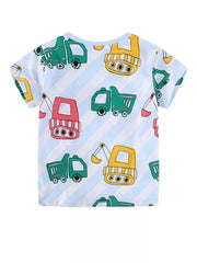 Back view of a light blue striped children's T-shirt with an all-over construction vehicle print