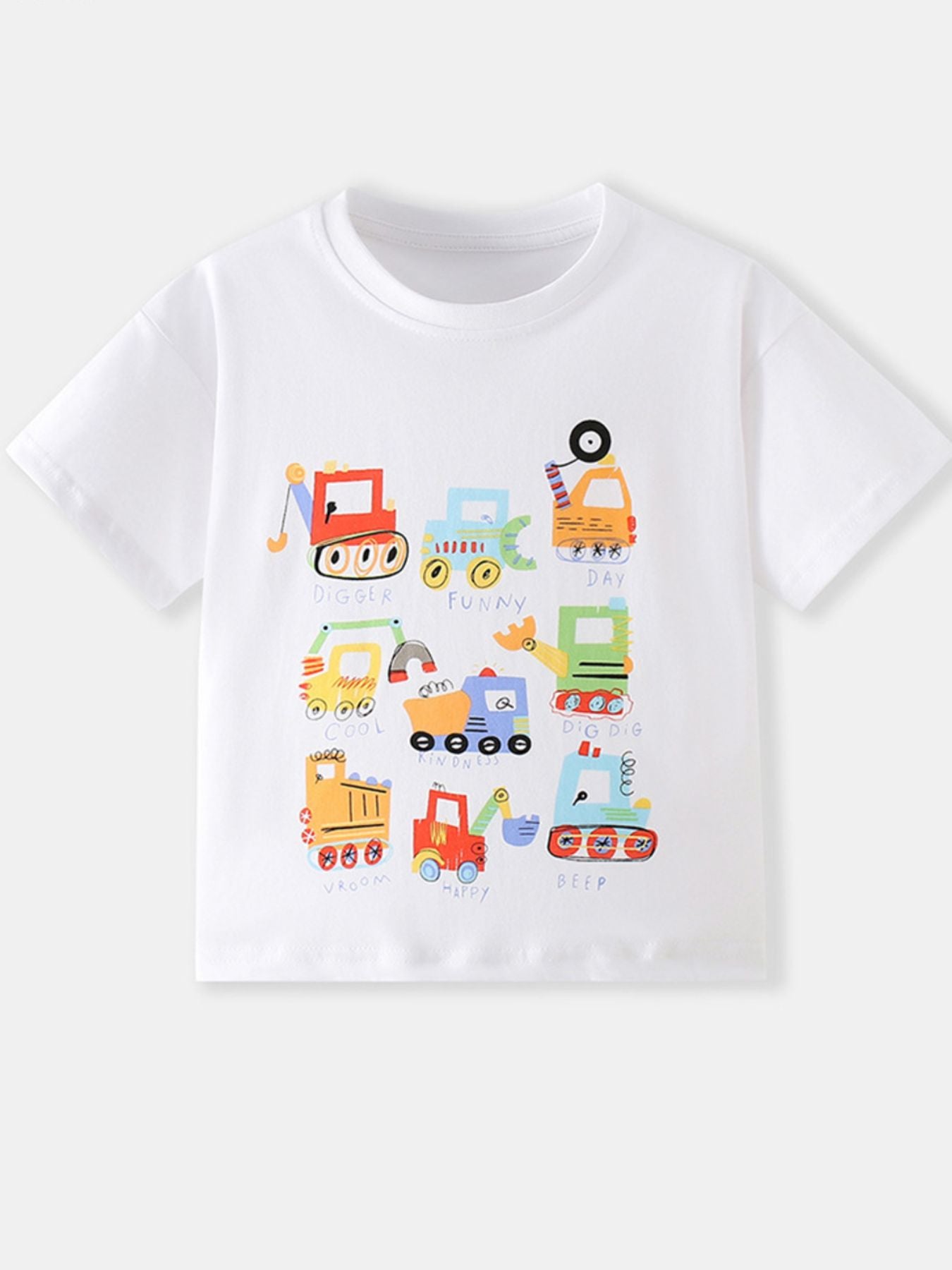 Flat lay front view of a children's white crew neck t-shirt printed with cartoon diggers trucks and excavators