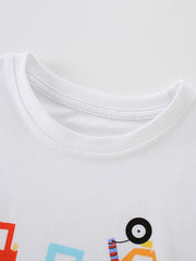 Detail view of the ribbed crew neckline and stitching on a children's white construction vehicle t-shirt