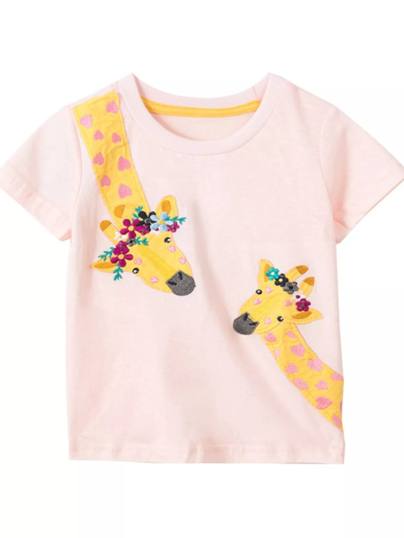 Blush pink children's t-shirt with two embroidered giraffes wearing floral crowns