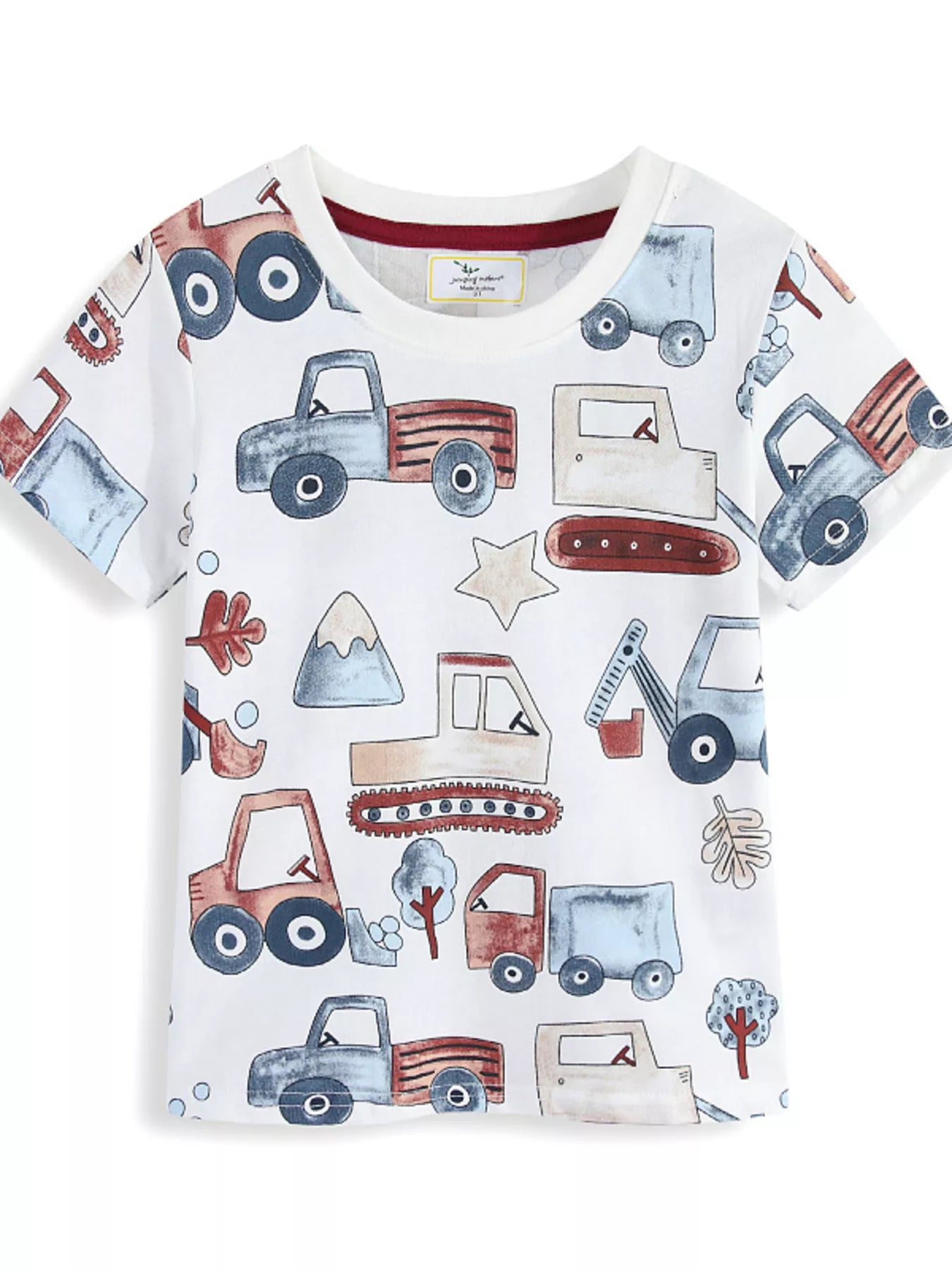 White children's short sleeve t-shirt laid flat with all over cartoon truck and excavator prints