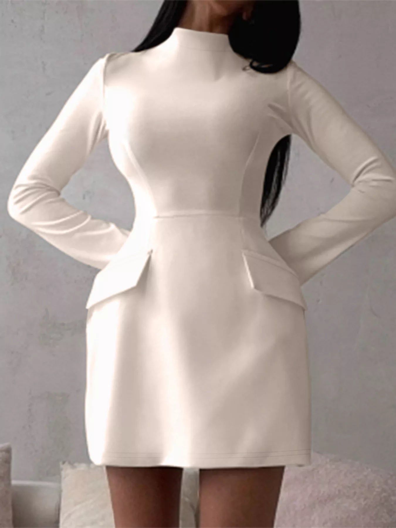 Dust Storm mock neck long sleeve bodycon dress worn on model, front view, hands behind back