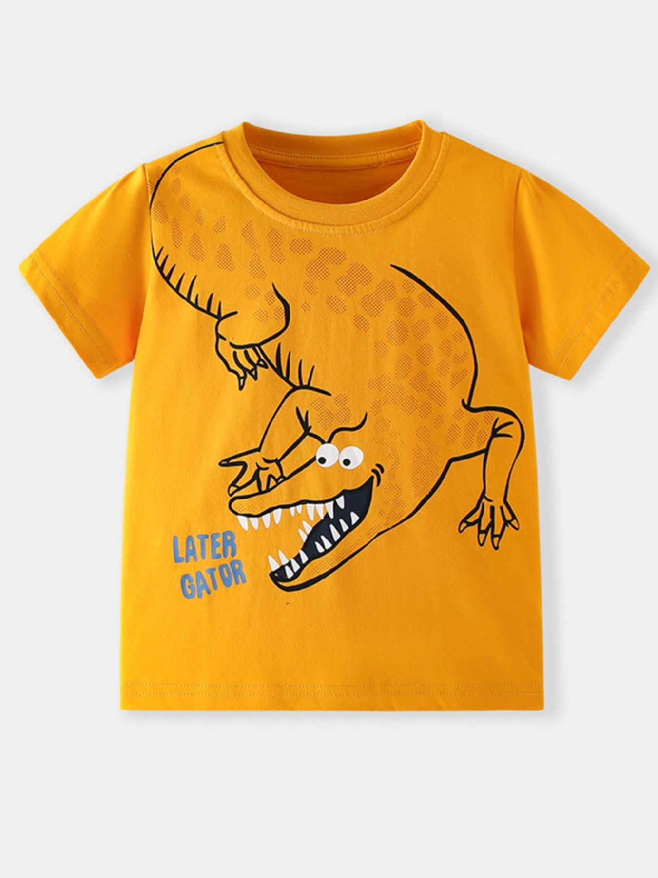 Front flat view of the tangerine children's t-shirt with a cartoon alligator and blue lettering