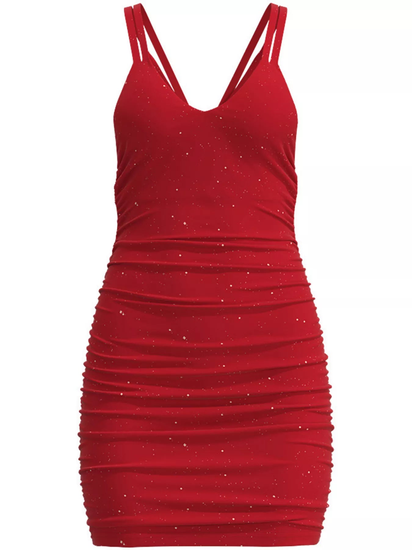 Flat front view of red glitter ruched bodycon mini dress with V neckline and double straps