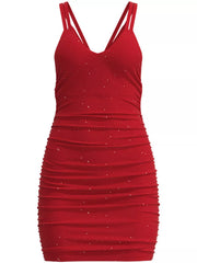 Flat front view of red glitter ruched bodycon mini dress with V neckline and double straps