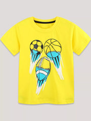 Canary yellow children's short sleeve t-shirt laid flat with soccer basketball and football ball graphics