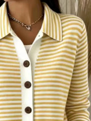 Close-up on-model view of yellow and white striped collared cardigan with brown buttons