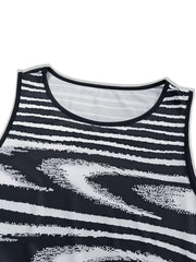 Close view of the neckline and striped bodice on a black and white sleeveless bodycon maxi dress