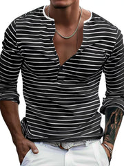 Men's striped long-sleeve T-shirt with button detailing and slightly stretchy cotton-blend fabric.