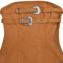 Caramel strapless bodycon dress bodice close up showing double silver buckles and straps