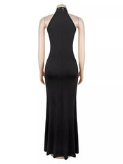 Back view of black sleeveless maxi dress on a mannequin with plain back and rhinestone collar