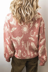 On-model back view of the dusty rose western sweater with cream cactus and sun motifs