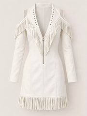 White fringed cold shoulder mini dress laid flat showing zip front and fringe