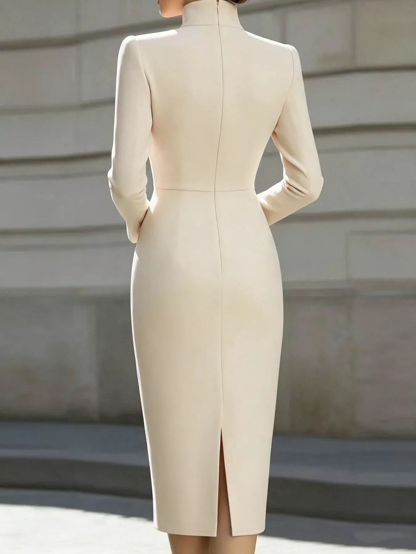 Back view of pale apricot stand collar long sleeve midi dress with back slit outdoors