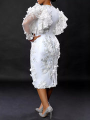 Back side view of white plus size floral embroidered sheer ruffle sleeve midi dress