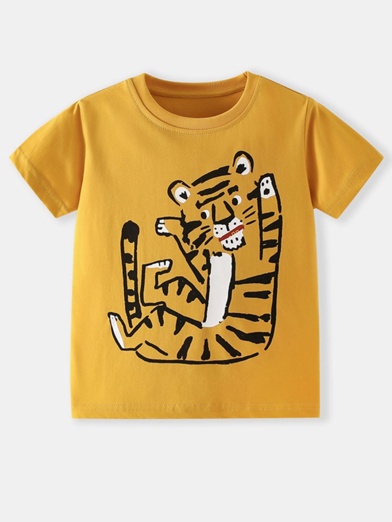 Flat lay front view of children's mustard t-shirt with large cartoon tiger graphic