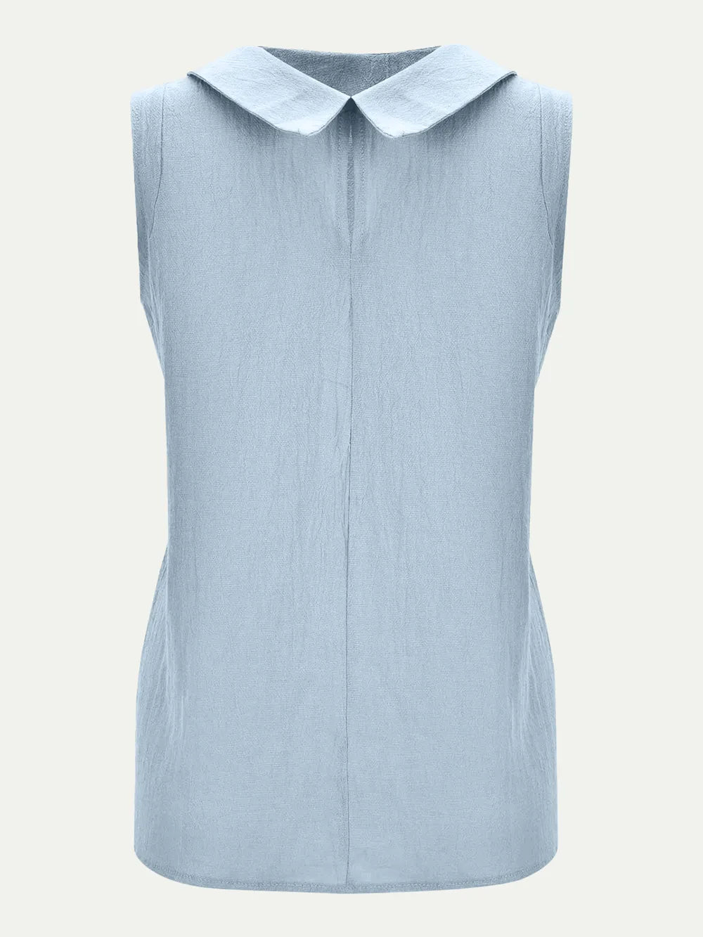 Light blue sleeveless top with a rounded Peter Pan collar, front seam, and gently curved hem