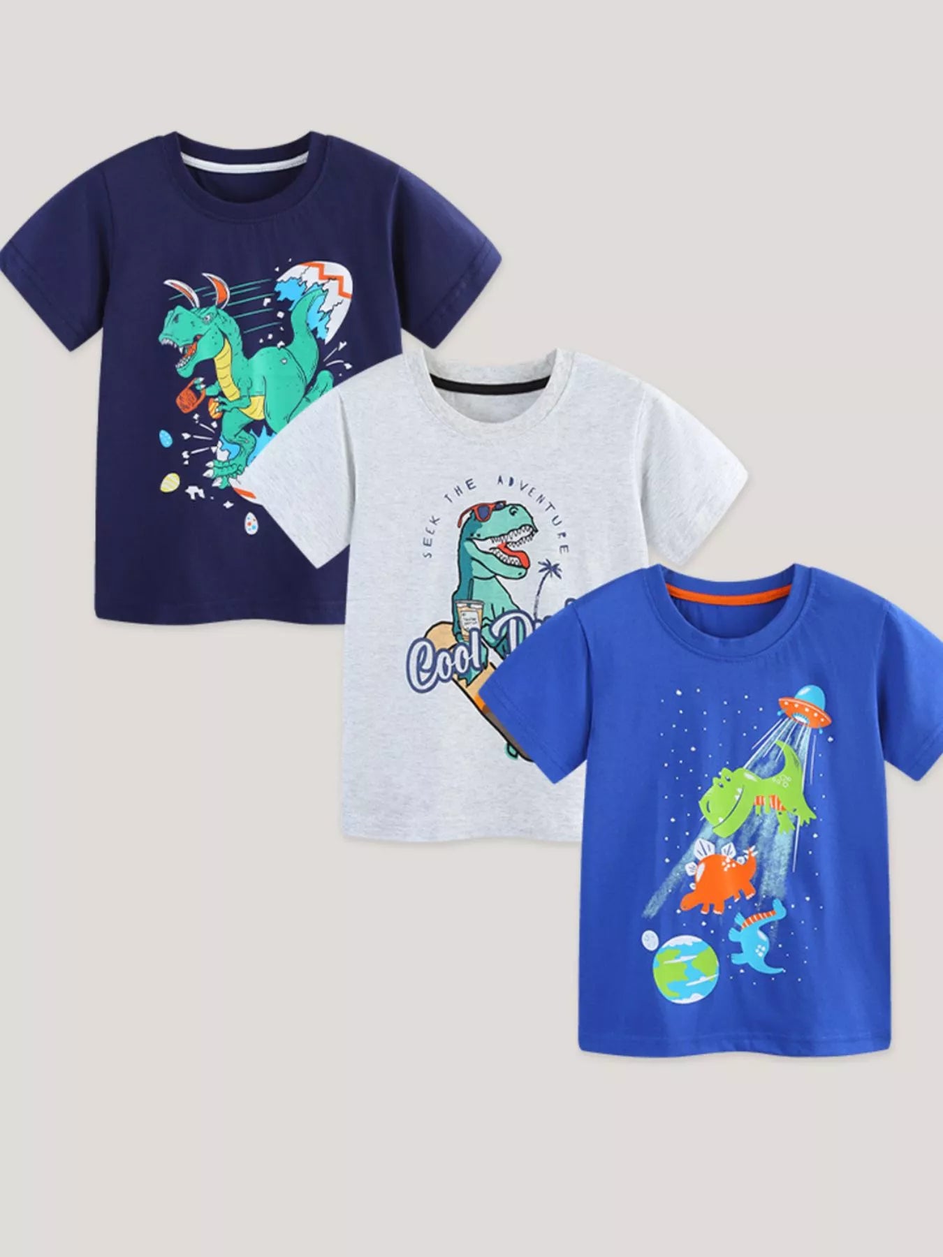 Children's multicolor three-piece T-shirt set featuring dinosaur graphics and short sleeves.