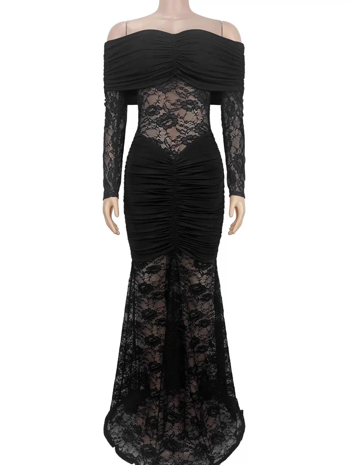 Black off shoulder ruched maxi dress on mannequin, front view showing lace panels