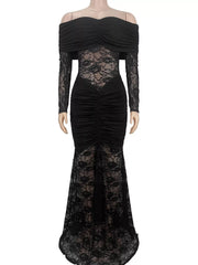 Black off shoulder ruched maxi dress on mannequin, front view showing lace panels