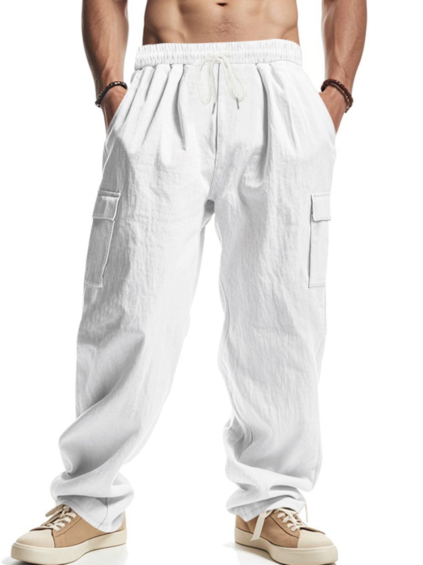 Men's white relaxed-fit cargo pants with a drawstring waist and pockets.
